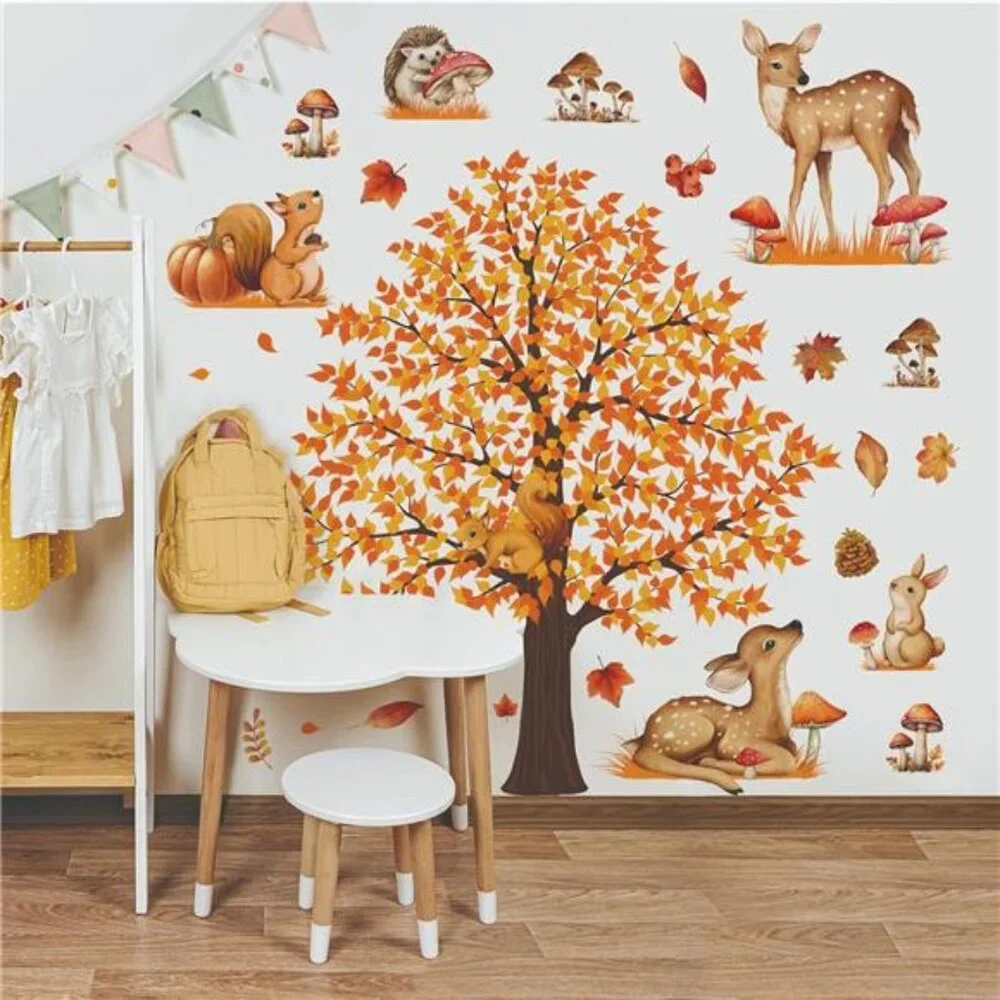 fall autumn maple tree wall decals woodland animals mushroom bedroom decor room